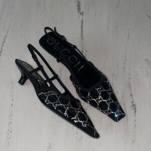 Gucci Black Crystal-Patterned Pointed Toe Slingback Heels